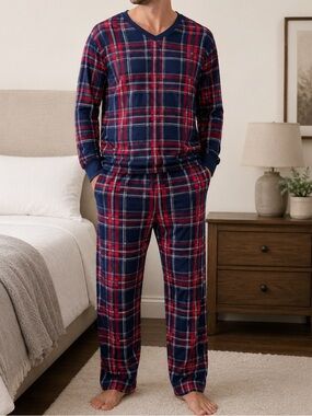 Nautica Men’s Medium Plaid Pajama Set – Navy Red White